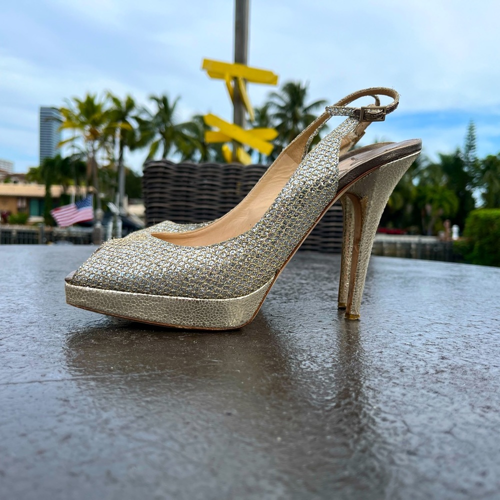 Jimmy Choo Clue Peep Toe Slingback heels in champagne